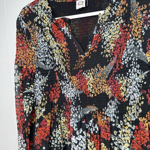Anthropologie Akemi + Kin Adria Smocked Floral Blouse Size Large Black Splitneck - Picture 6 of 14